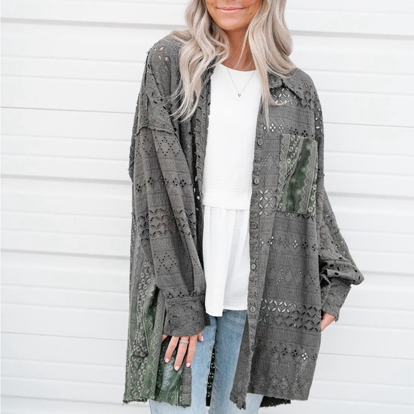 Duffel Green Eyelet Pattern Patchwork Oversized Button Up Shacket Bohemian style - Picture 13 of 15